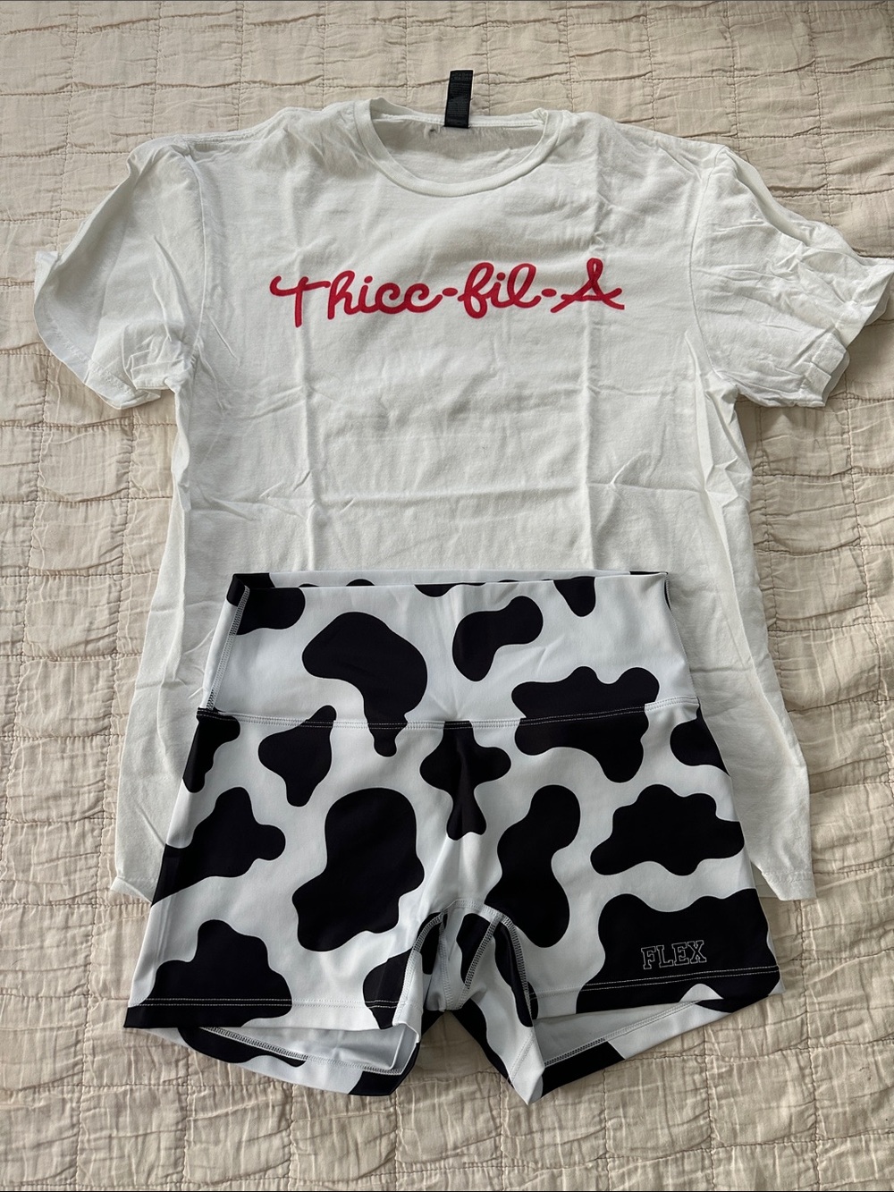 FlexLiving Thicc-fil-a Workout Shirt and Cow Peint Shorts